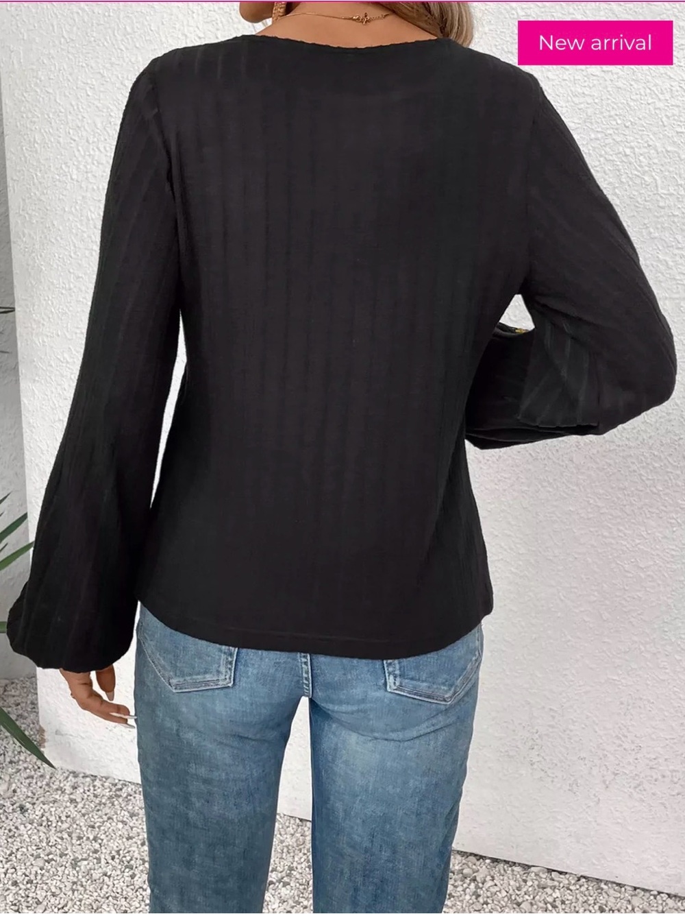 Black Ribbed Long-Sleeve Top with Colorful Floral Sleeve Granny Squares Medium - Picture 4 of 10